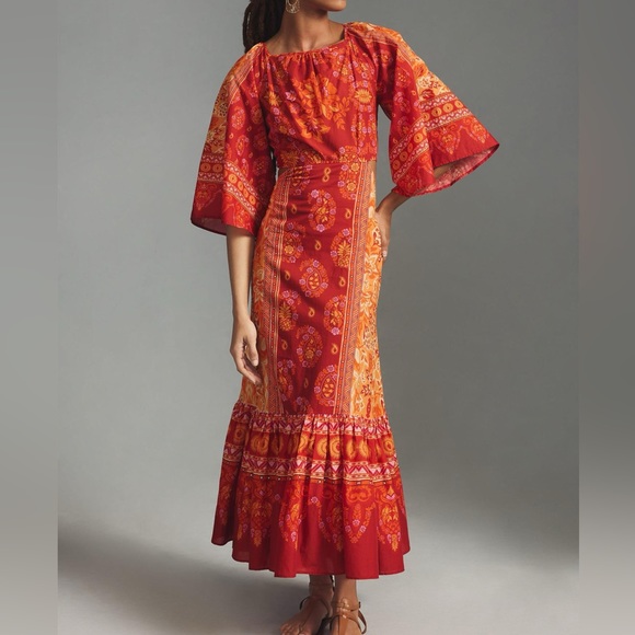 NEW Farm Rio Printed Cutout Tiered-Hem Boho Maxi Dress | Orange Motif - Picture 1 of 9